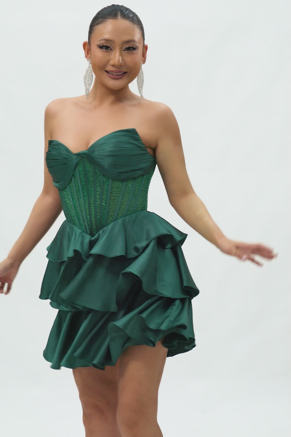 Sparkly Dark Green Strapless Short Corset Homecoming Dress with Beading