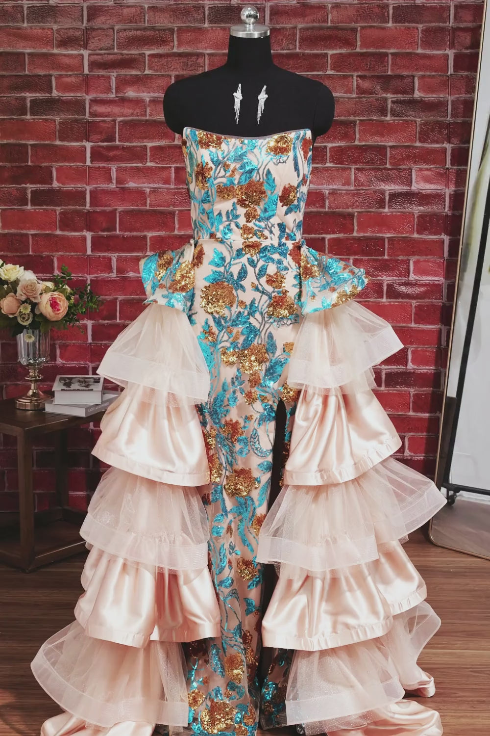 Ruffled Sparkly Blue Floral Mermaid Long Beaded Strapless Pageant Dress with Slit