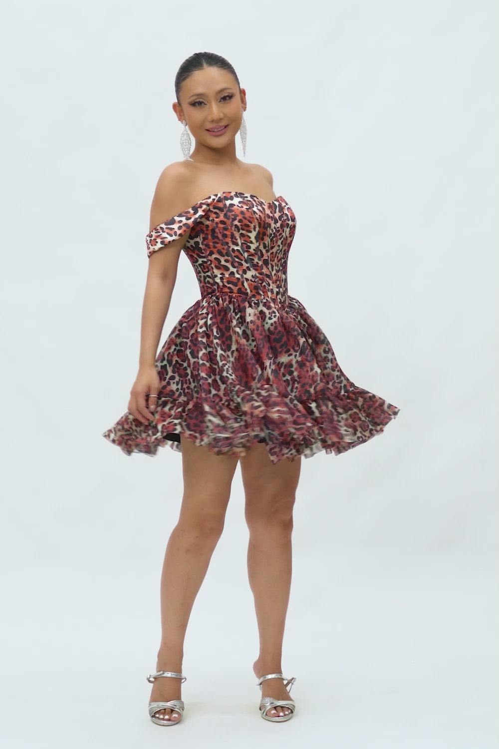 Khaki Cheetah Print Corset Off the Shoulder Short Homecoming Dress