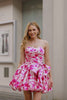 Floral Fuchsia A Line Strapless Short Homecoming Dress with Bow