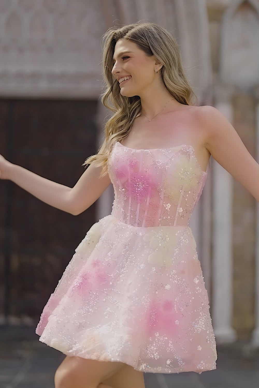 Sparkly Pink Corset Floral Strapless Short Homecoming Dress with Beading