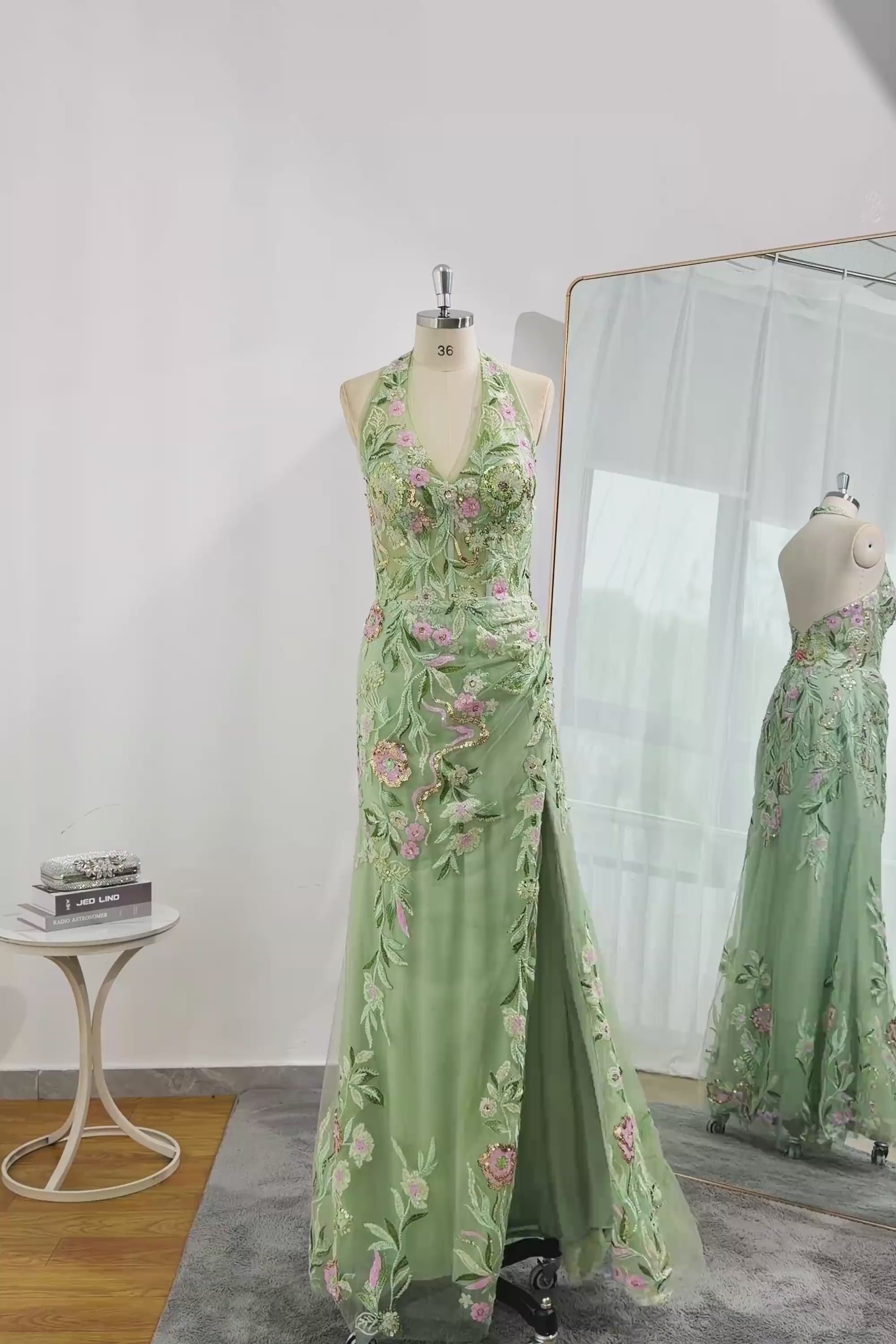 Sheath Corset Long Halter Ruched Floral Dusty Sage Prom Dress with Slit