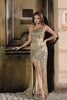 Golden One Shoulder Fringe Sequin Prom Dress With Slit