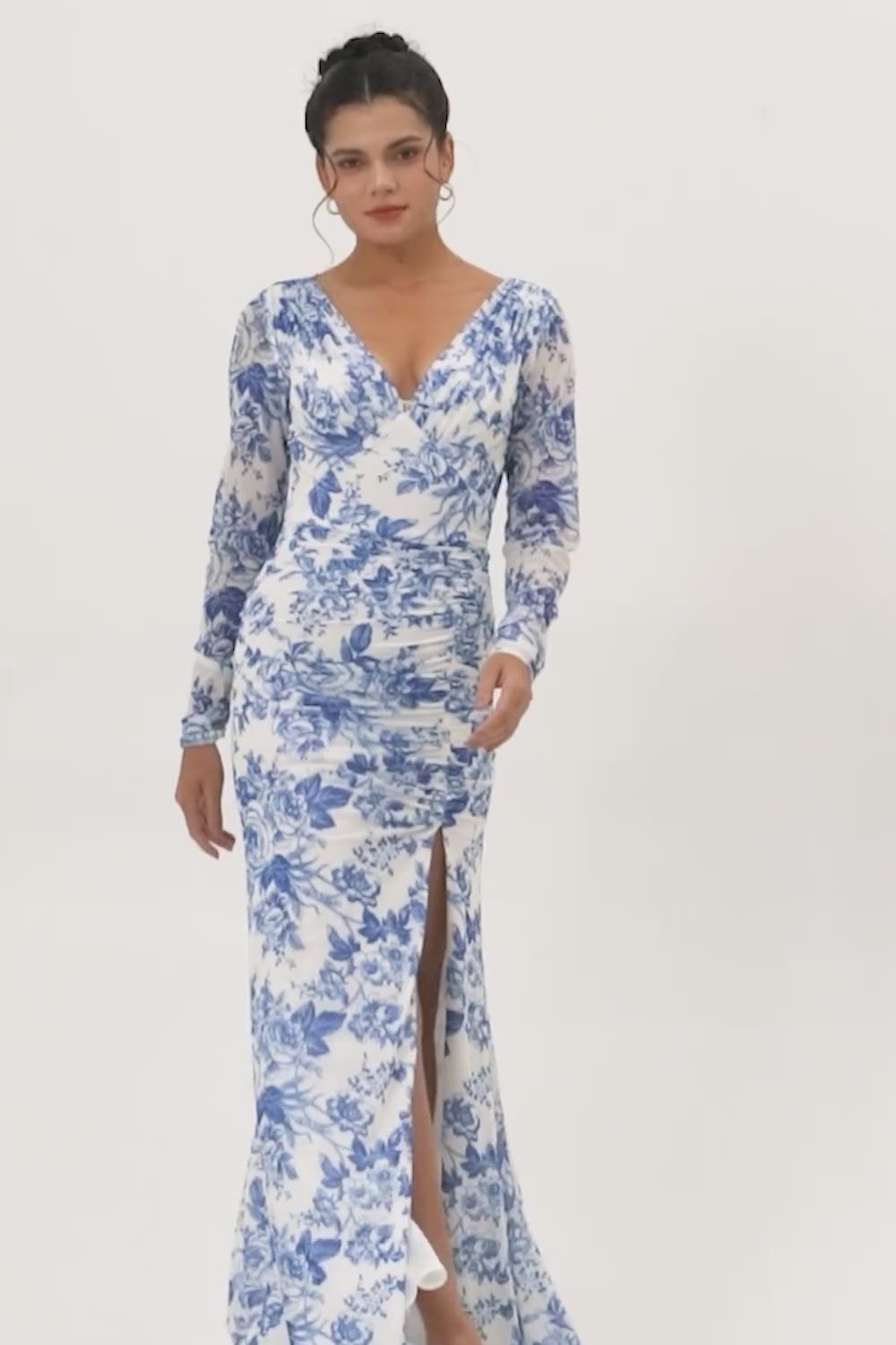 Blue V-Neck Floral Long Wedding Guest Dress with Sleeves