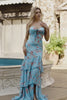 Floral Blue Pink Mermaid Sweetheart Long Prom Dress with Ruffles