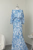 Floral White Blue Sheath Boat Neck Long Mother of the Bride Dress with Pockets