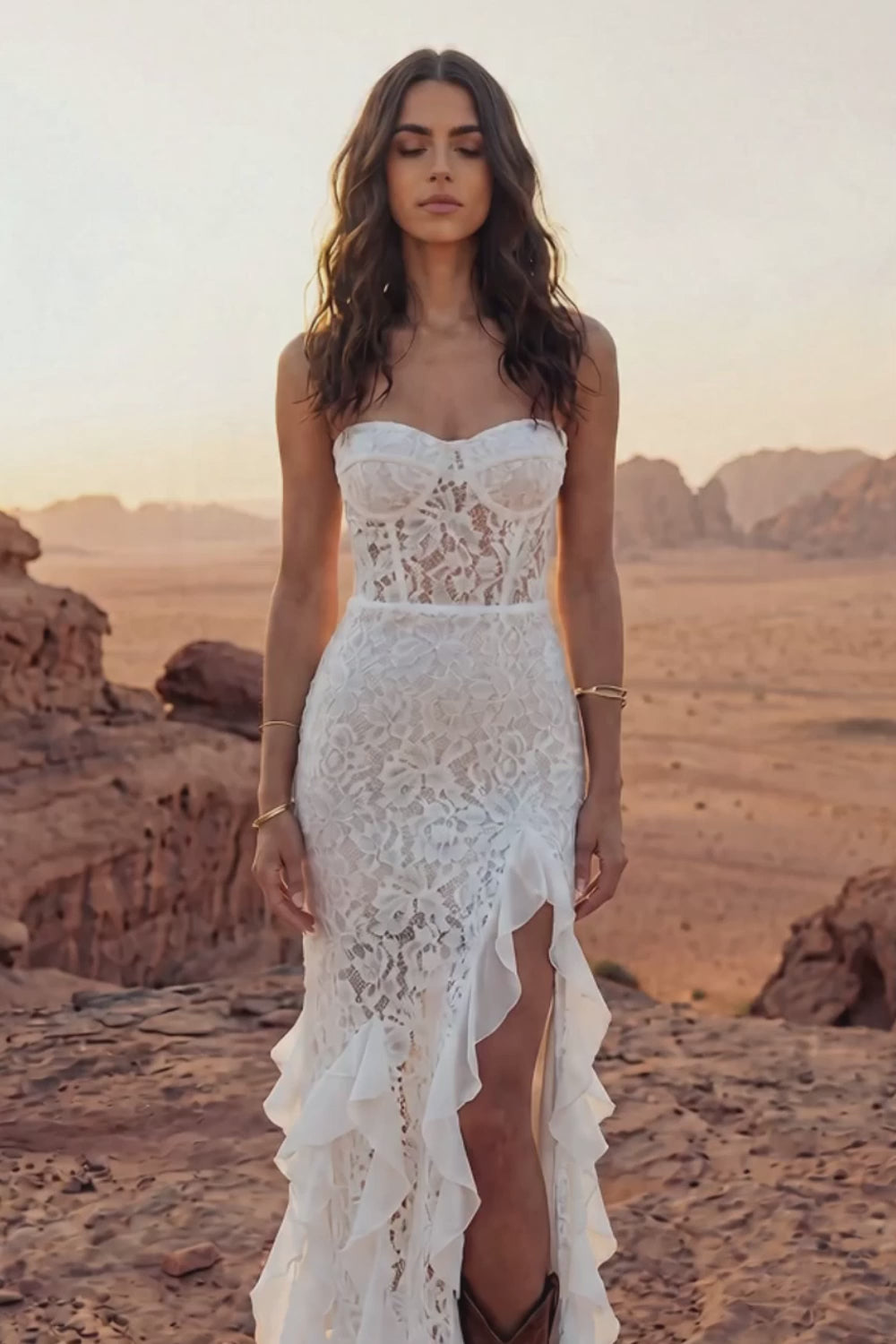 Floral Ivory Strapless Sheath Maxi Boho Wedding Dress with Ruffles