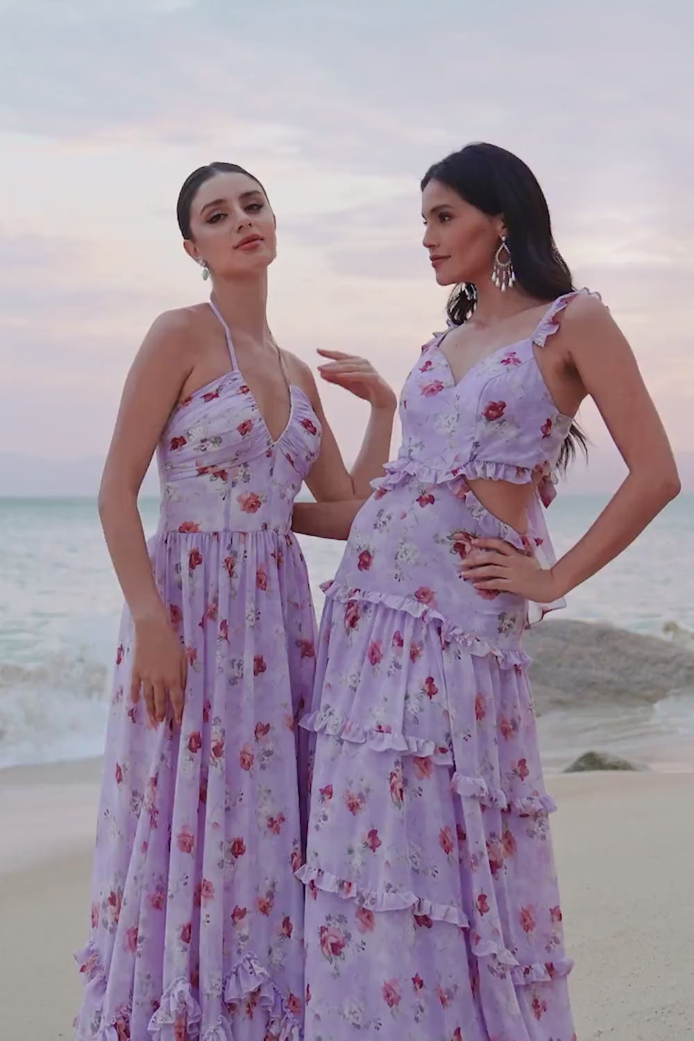 Grey Purple Floral A Line Corset Halter Bridesmaid Dress with Slit