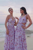 Grey Purple Floral A Line Corset Halter Bridesmaid Dress with Slit