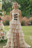 Black and Apricot Polka Dots A Line Strapless Long Corset Prom Dress with Keyhole