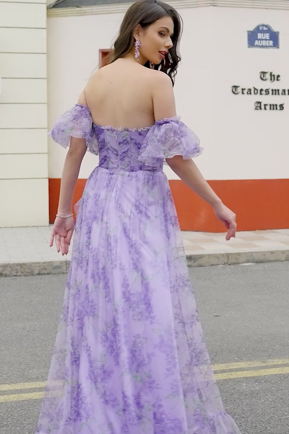 Printed Lavender Off the Shoulder A line Prom Dress with Removable Sleeves