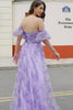 Printed Lavender Off the Shoulder A line Prom Dress with Removable Sleeves