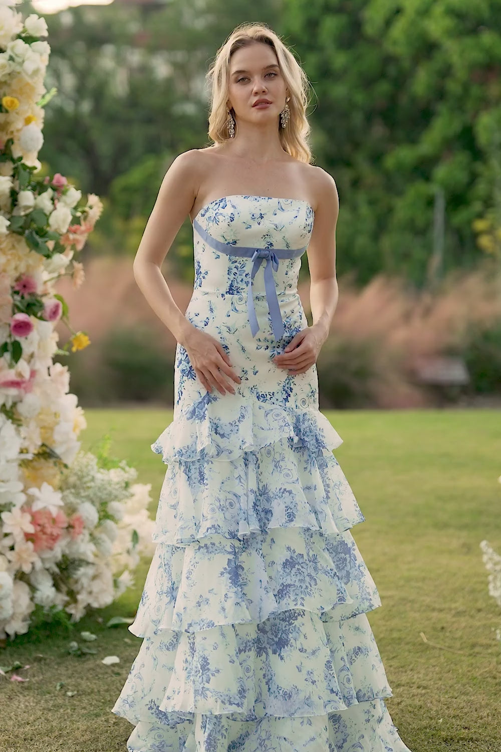 Floral Blue and White Strapless Mermaid Long Prom Dress with Ruffles