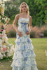 Floral Blue and White Strapless Mermaid Long Prom Dress with Ruffles