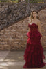Sparkly Burgundy Sequins A Line Long Corset Prom Dress with Ruffles