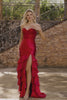 Red Mermaid Satin Ruffled Long Corset Prom Dress with Slit