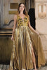 Sparkly A Line Deep V-Neck Golden Long Prom Dress with Split Front