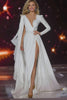 Sparkly White Mermaid Long Sleeves Pageant Dress with Slit