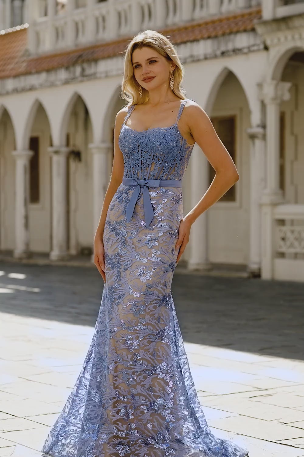 Grey Blue Mermaid Lace Long Corset Prom Dress with Bow
