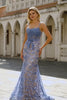 Grey Blue Mermaid Lace Long Corset Prom Dress with Bow