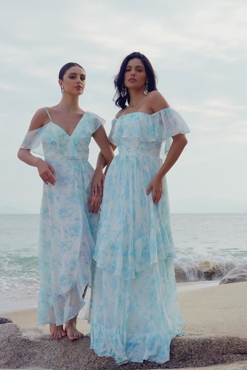 A-Line White Blue Flower Chiffon Bridesmaid Dress with Slit