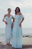 A-Line White Blue Flower Chiffon Bridesmaid Dress with Slit