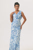 Blue Floral Cowl Neck Mermaid Long Bridesmaid Dress with Slit