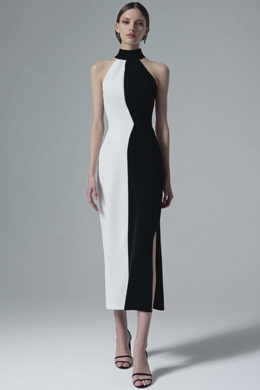 Black and White High Neck Sheath Long Formal Dress with Slit