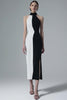 Black and White High Neck Sheath Long Formal Dress with Slit