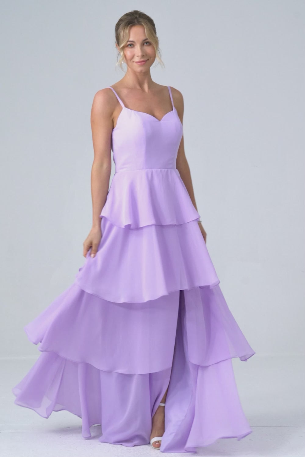 Lilac A Line Spaghetti Straps Tiered Chiffon Bridesmaid Dress with Slit