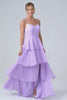 Lilac A Line Spaghetti Straps Tiered Chiffon Bridesmaid Dress with Slit