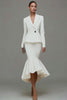 Ivory Satin Notched Lapel 2 Piece Midi Business Suits with Ruffles