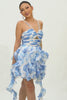 White and Blue Floral Ruffled Ruched Short Homecoming Dress with Pearls