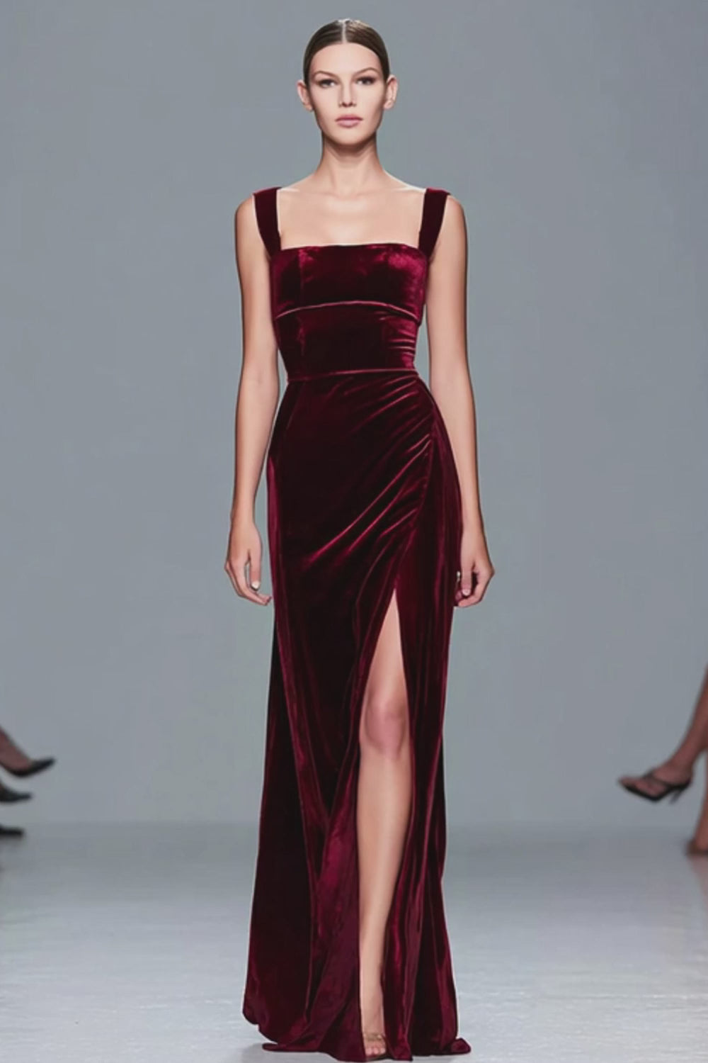 Burgundy Square Neck Velvet Long Holiday Party Dress with Slit