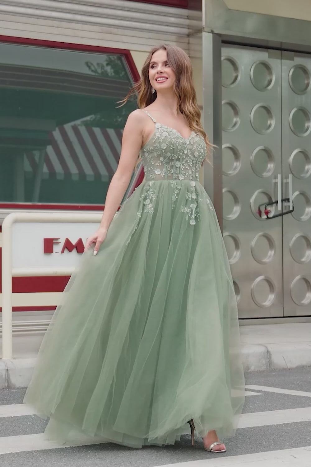 Sparkly Floral Green Corset Tulle Long Prom Dress with Lace