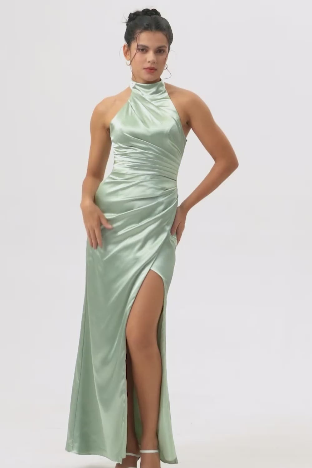 Sage Green Halter Mermaid Satin Long Bridesmaid Dress with Slit