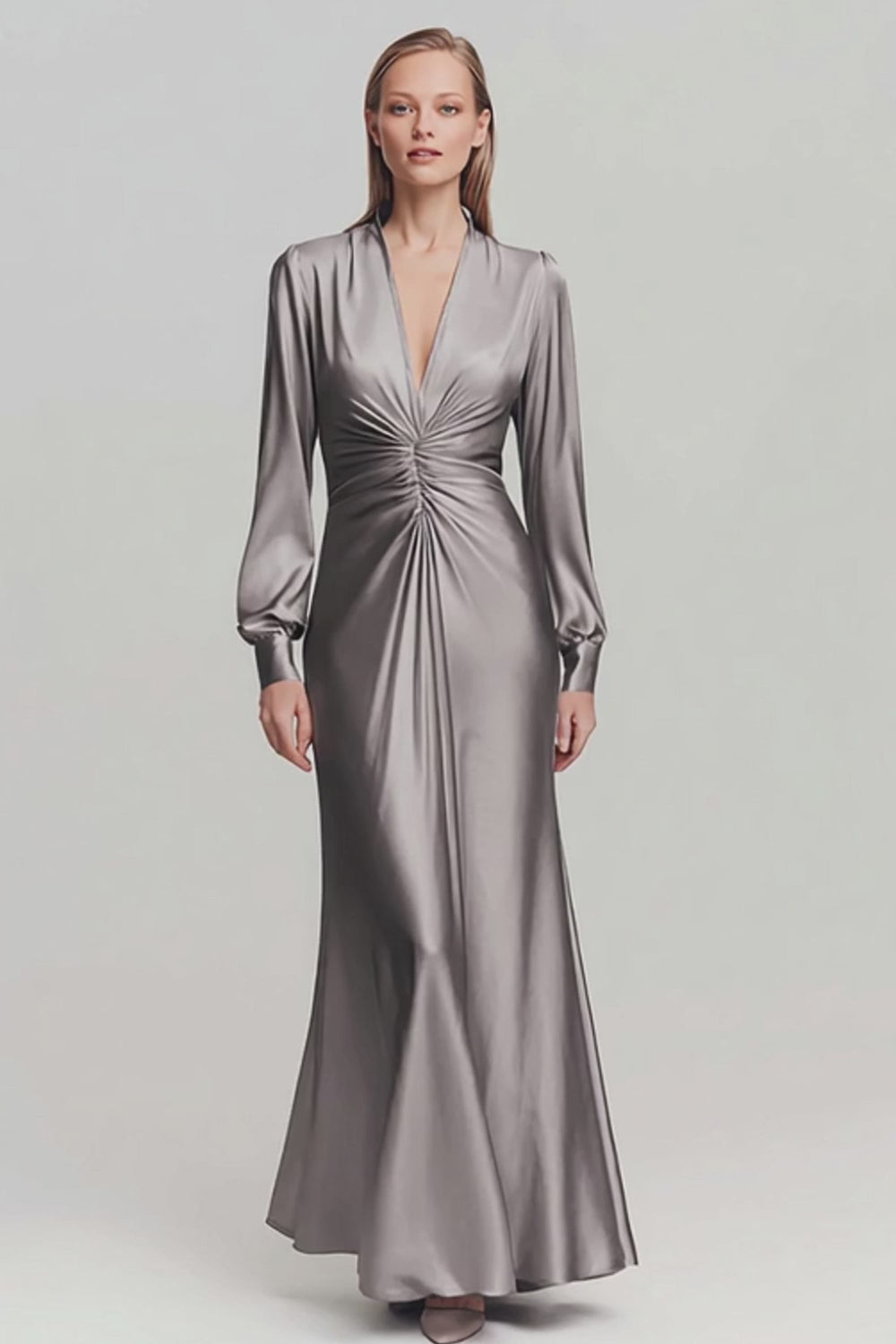Grey Ruched Satin V Neck Long Formal Dress with Sleeves
