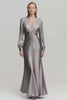 Grey Ruched Satin V Neck Long Formal Dress with Sleeves