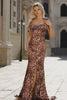 Sparkly Brown Plus Size Leopard Print Beaded Long Prom Dress with Bows