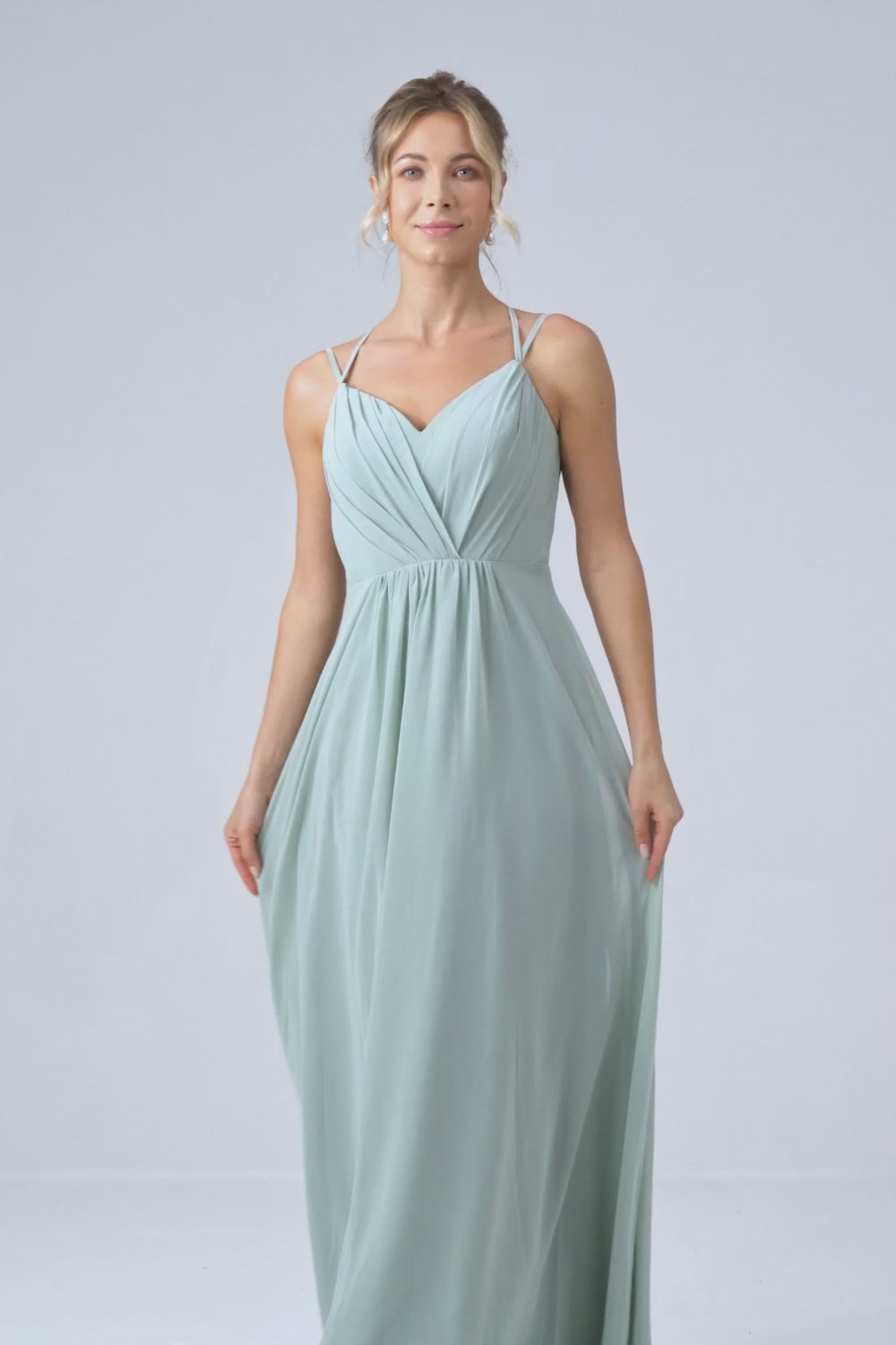 Matcha A-Line Spaghetti Straps Backless Pleated Long Bridesmaid Dress