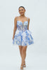 White and Blue Floral Ruffled Short Corset Homecoming Dress with Pearls