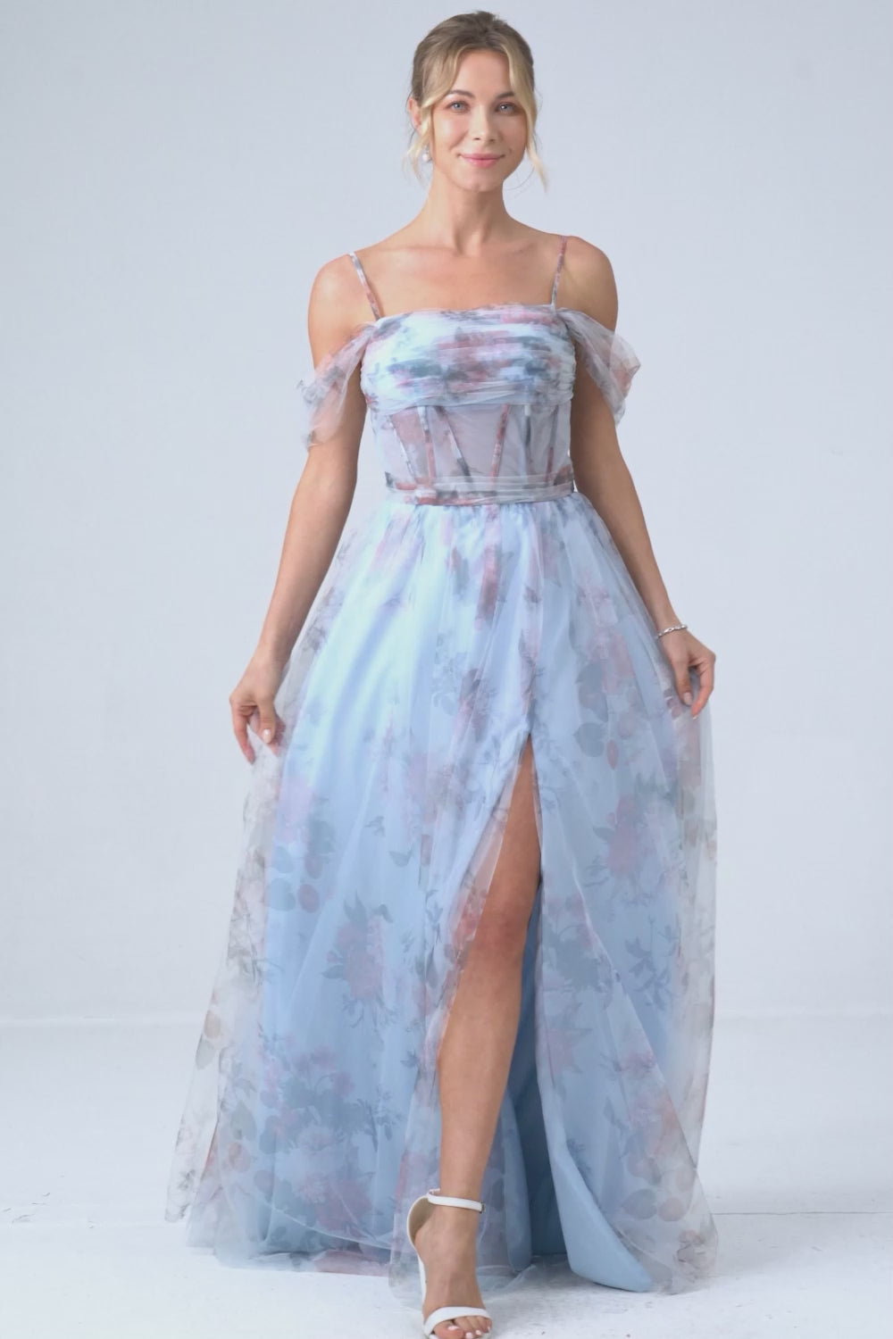 Cold Shoulder A-Line Blue Printed Long Corset Prom Dress with Slit