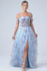 Cold Shoulder A-Line Blue Printed Long Corset Prom Dress with Slit