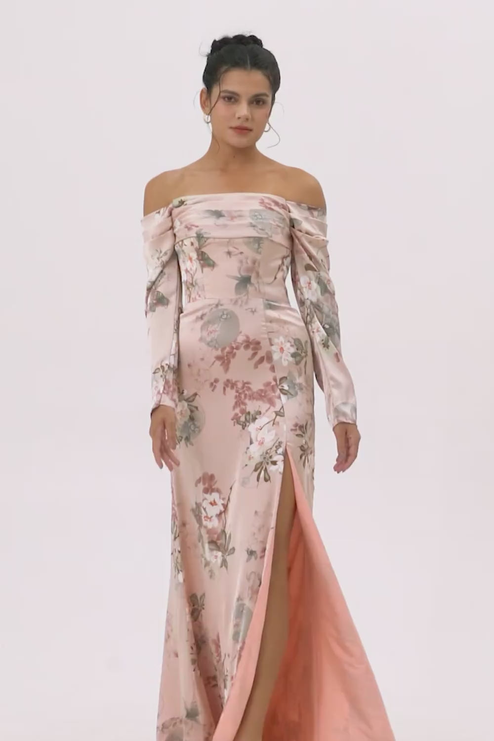 Blush Floral Off the Shoulder Satin Long Bridesmaid Dress with Slit