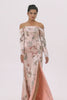 Blush Floral Off the Shoulder Satin Long Bridesmaid Dress with Slit