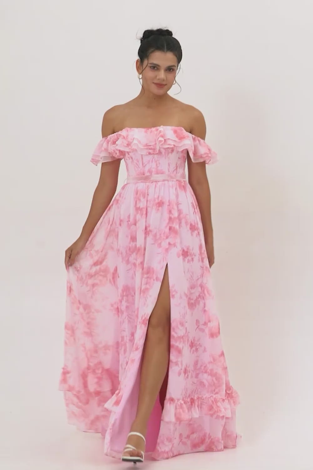 Pink Floral Ruffled Off the Shoulder Long Bridesmaid Dress with Slit