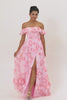 Pink Floral Ruffled Off the Shoulder Long Bridesmaid Dress with Slit