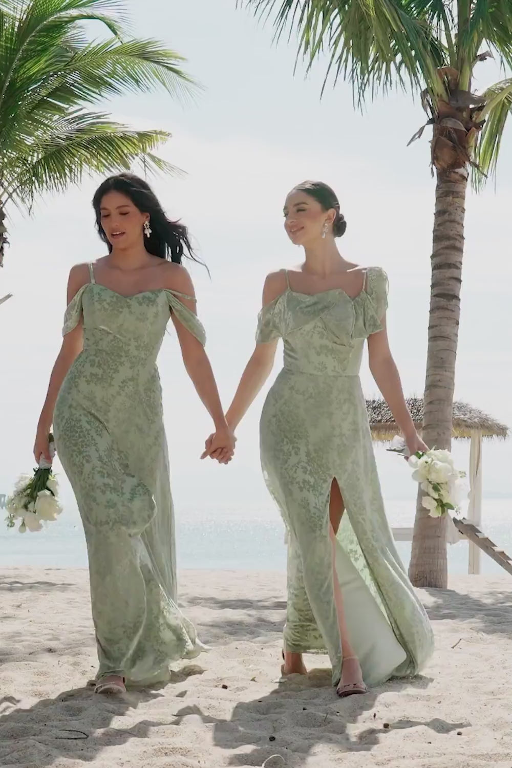 Dusty Sage Floral Embroidered Off The Shoulder Long Bridesmaid Dress with Slit