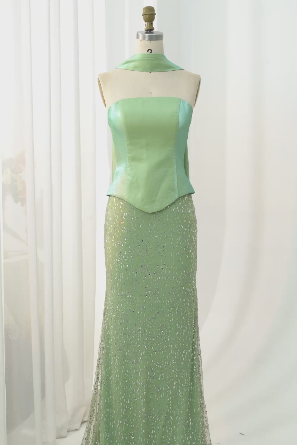 Sparkly Sage Green Neck Scarf Mermaid Long Prom Dress with Beading