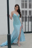 Blue Beaded Long Sparkly Mermaid Prom Dress with Slit